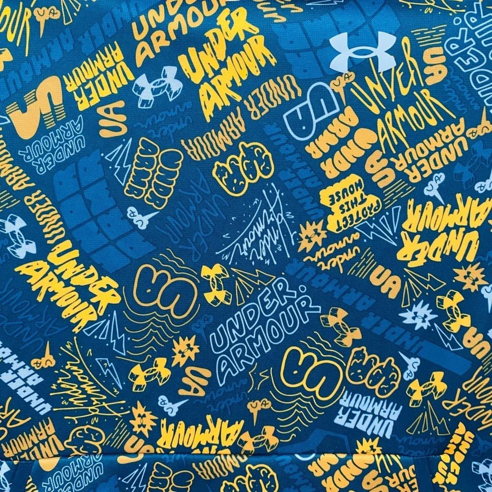 Under Armour Youth Hoodie Graphic Print‎ Teal Yellow Pullover Hooded Sweatshirt